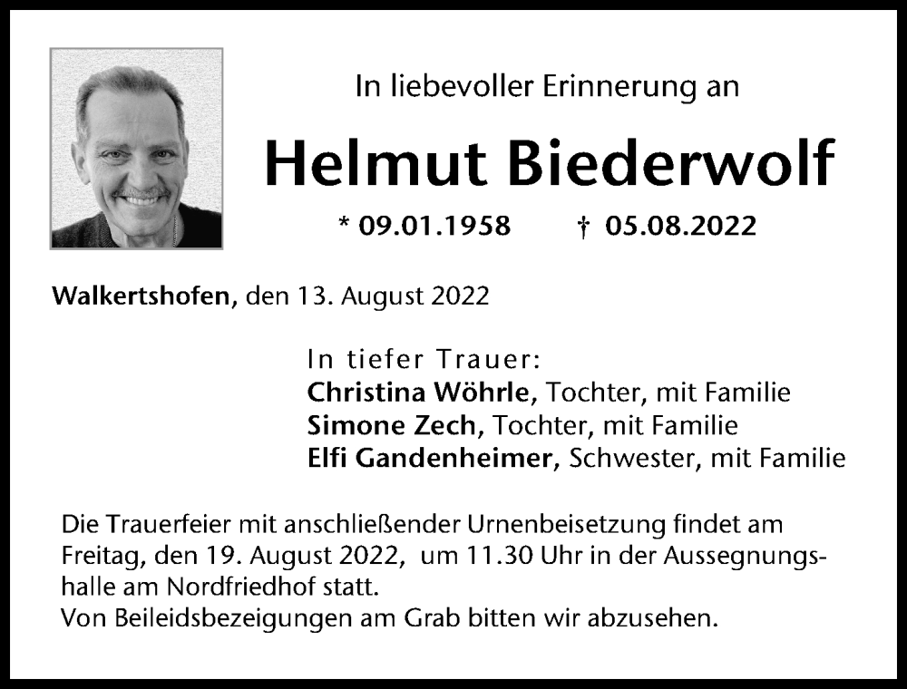 Traueranzeige für Helmut Biederwolf vom 13.08.2022 aus Augsburger Allgemeine