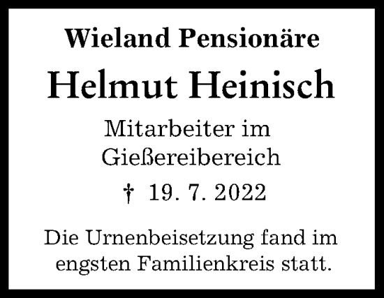 Traueranzeige von Helmut Heinisch von Illertisser Zeitung, Neu-Ulmer Zeitung