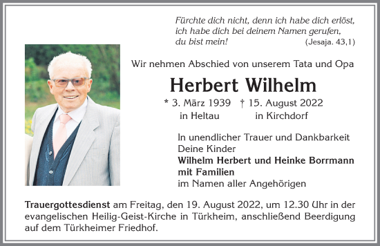 Traueranzeige von Herbert Wilhelm von Mindelheimer Zeitung