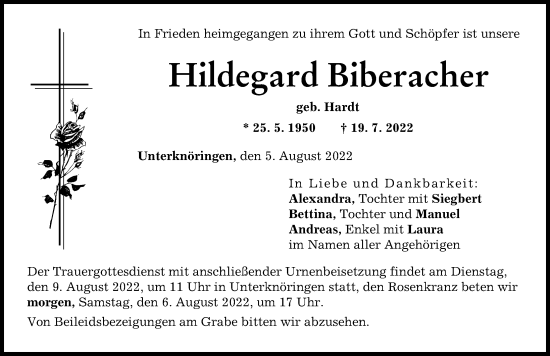 Traueranzeige von Hildegard Biberacher von Günzburger Zeitung