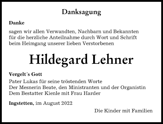 Traueranzeige von Hildegard Lehner von Neu-Ulmer Zeitung
