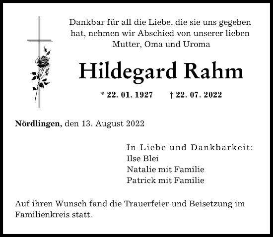 Traueranzeige von Hildegard Rahm von Rieser Nachrichten