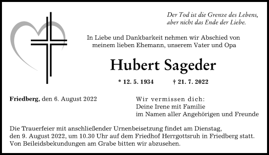 Traueranzeige von Hubert Sageder von Augsburger Allgemeine