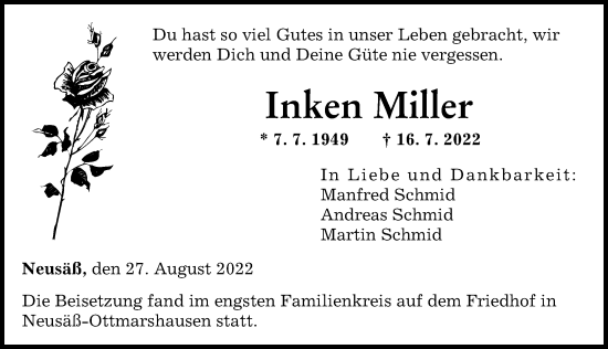 Traueranzeige von Inken Miller von Augsburger Allgemeine