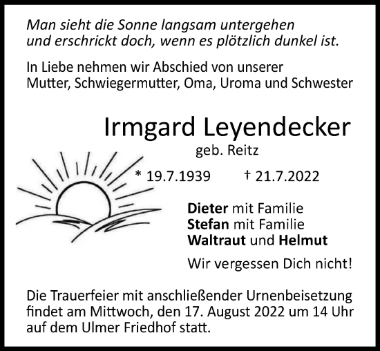 Traueranzeige von Irmgard Leyendecker von Illertisser Zeitung