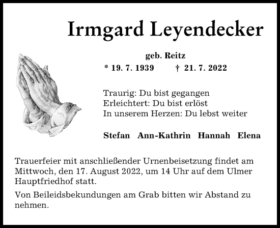 Traueranzeige von Irmgard Leyendecker von Illertisser Zeitung