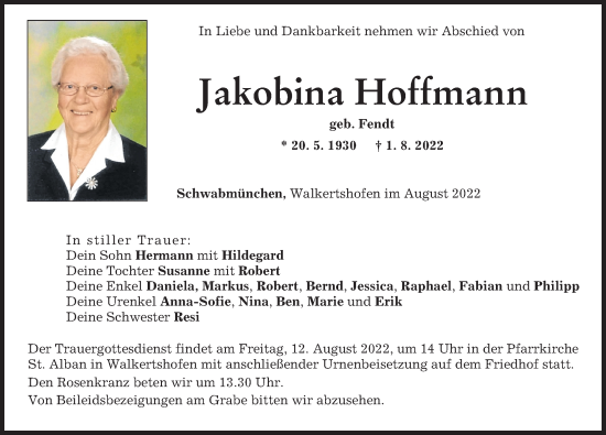 Traueranzeige von Jakobina Hoffmann von Augsburger Allgemeine