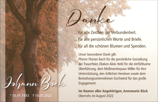 Traueranzeige von Johann Böck von Mittelschwäbische Nachrichten