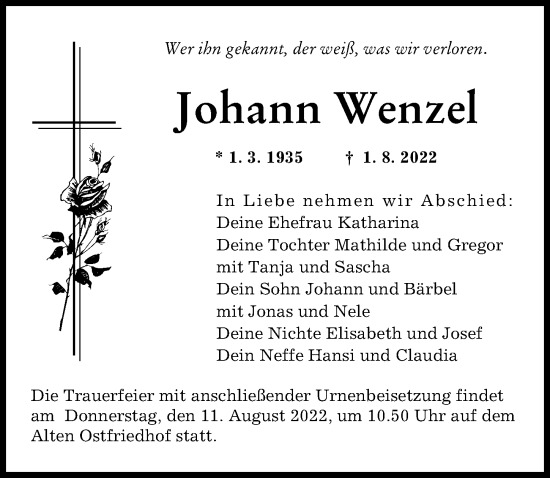 Traueranzeige von Johann Wenzel von Augsburger Allgemeine