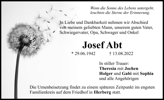 Traueranzeige von Josef Abt von Neu-Ulmer Zeitung