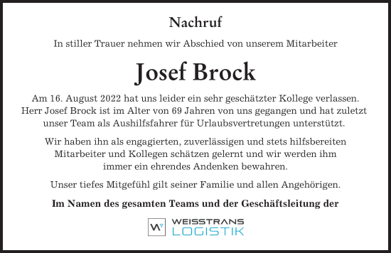 Traueranzeige von Josef Brock von Günzburger Zeitung