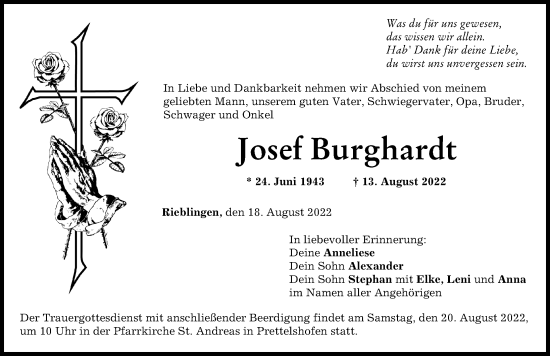 Traueranzeige von Josef Burghardt von Wertinger Zeitung, Augsburg-Land
