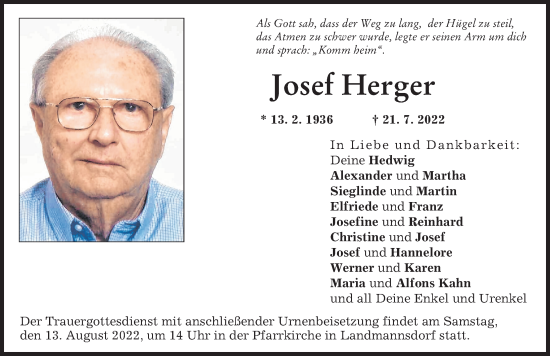 Traueranzeige von Josef Herger von Friedberger Allgemeine