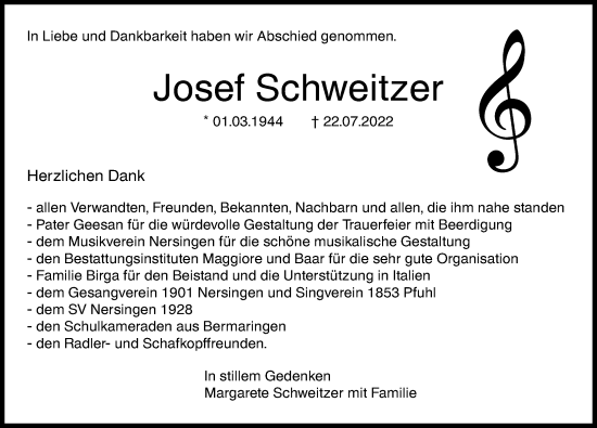 Traueranzeige von Josef Schweitzer von Augsburger Allgemeine, Neu-Ulmer Zeitung