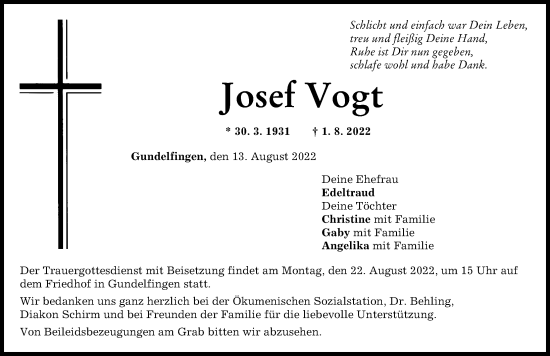 Traueranzeige von Josef Vogt von Donau Zeitung