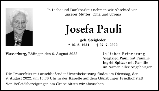 Traueranzeige von Josefa Pauli von Günzburger Zeitung