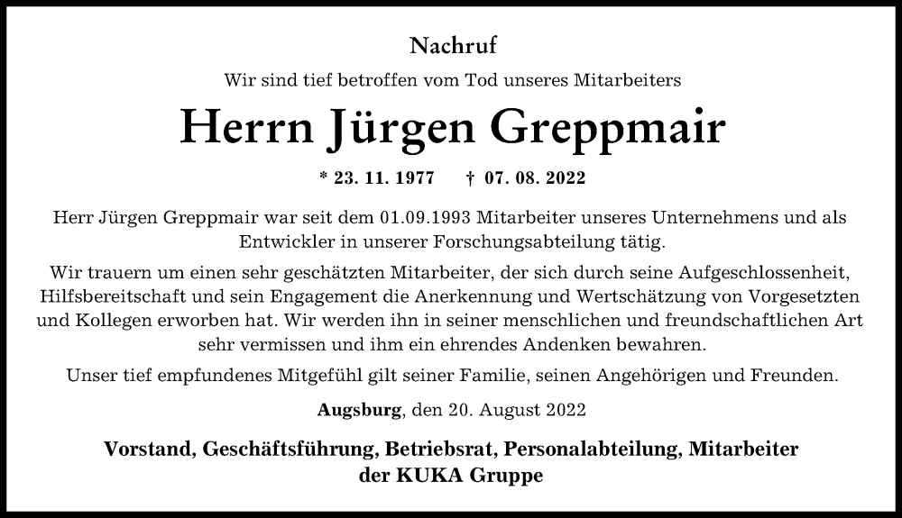  Traueranzeige für Jürgen Greppmair vom 20.08.2022 aus Augsburger Allgemeine