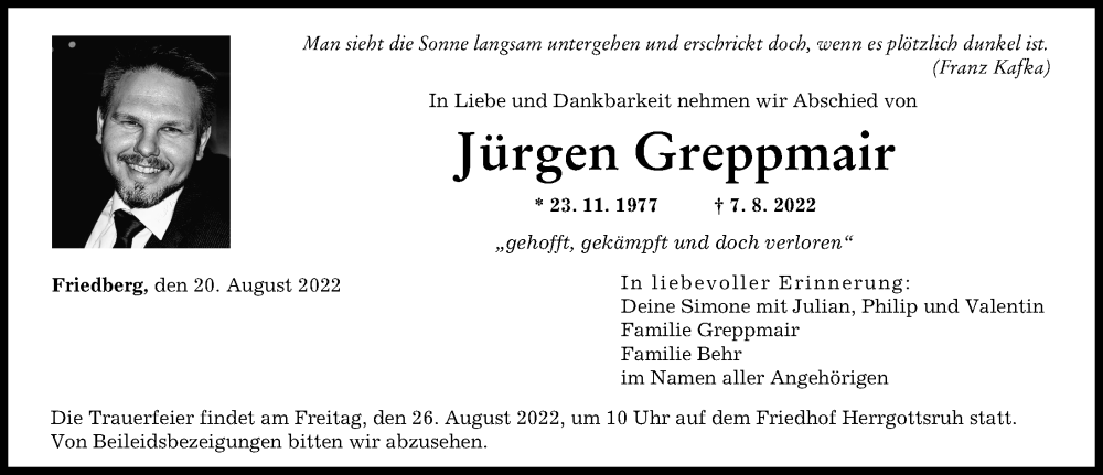  Traueranzeige für Jürgen Greppmair vom 20.08.2022 aus Augsburger Allgemeine