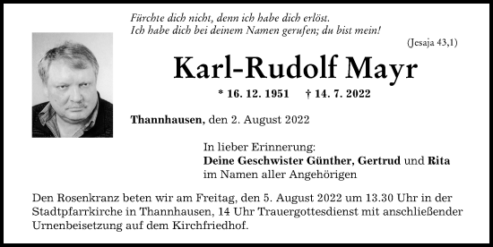Traueranzeige von Karl-Rudolf Mayr von Augsburger Allgemeine, Mittelschwäbische Nachrichten