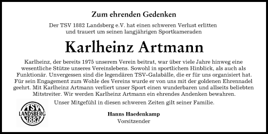 Traueranzeige von Karlheinz Artmann von Landsberger Tagblatt