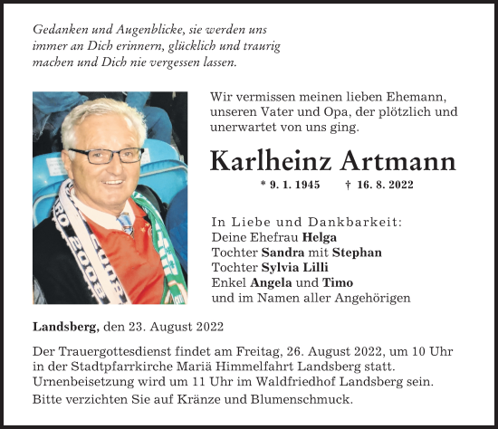 Traueranzeige von Karlheinz Artmann von Landsberger Tagblatt