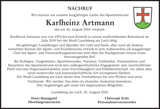 Traueranzeige von Karlheinz Artmann von Landsberger Tagblatt