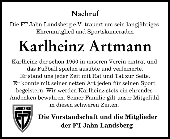 Traueranzeige von Karlheinz Artmann von Landsberger Tagblatt