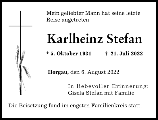 Traueranzeige von Karlheinz Stefan von Augsburg-Land