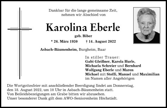Traueranzeige von Karolina Eberle von Donauwörther Zeitung, Donau Zeitung