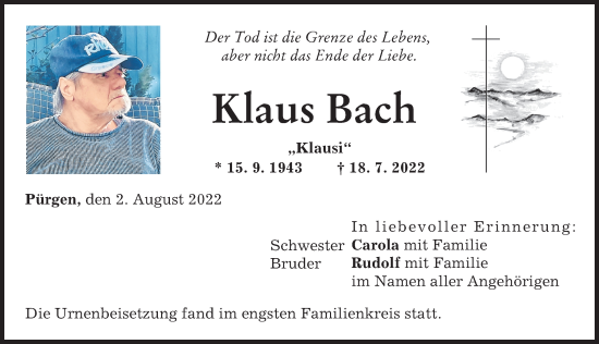 Traueranzeige von Klaus Bach von Landsberger Tagblatt