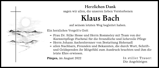 Traueranzeige von Klaus Bach von Landsberger Tagblatt