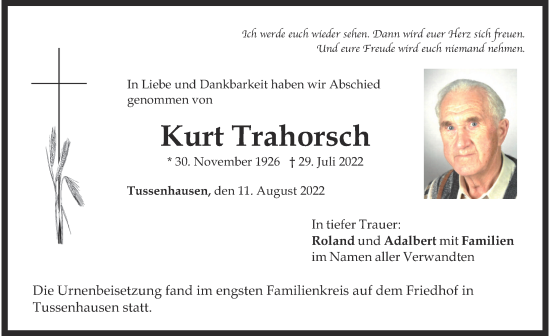 Traueranzeige von Kurt Trahorsch von Mindelheimer Zeitung