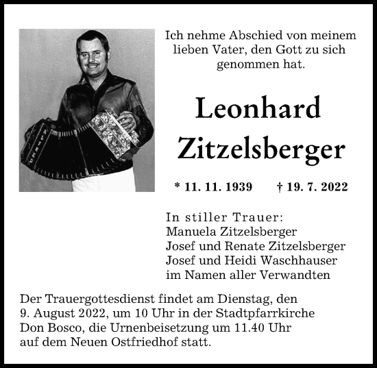 Traueranzeige von Leonhard Zitzelsberger von Augsburger Allgemeine