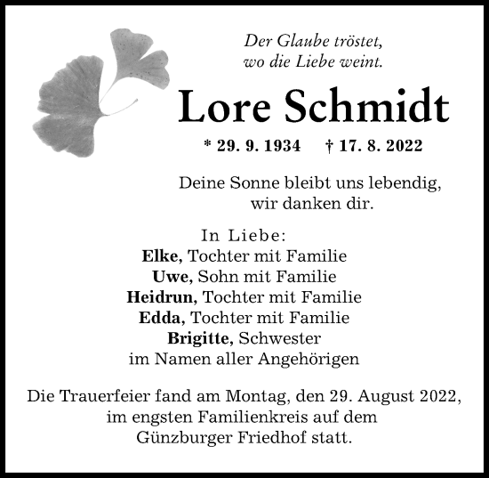 Traueranzeige von Lore Schmidt von Günzburger Zeitung