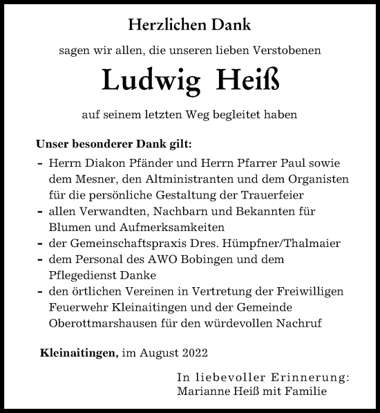 Traueranzeige von Ludwig Heiß von Schwabmünchner Allgemeine