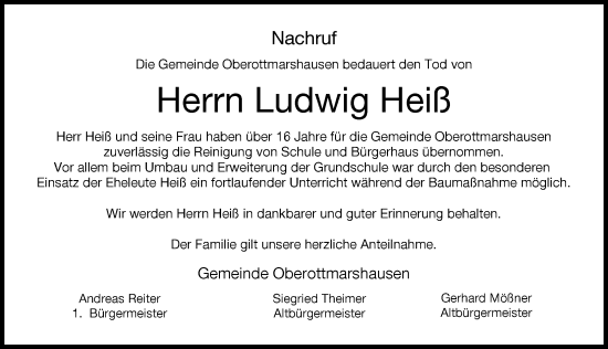 Traueranzeige von Ludwig Heiß von Schwabmünchner Allgemeine
