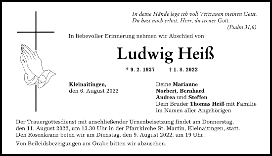 Traueranzeige von Ludwig Heiß von Schwabmünchner Allgemeine