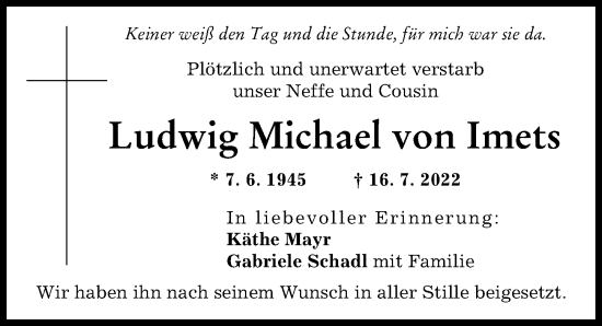 Traueranzeige von Ludwig Michael von Imets von Friedberger Allgemeine