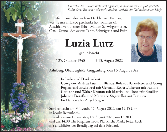 Traueranzeige von Luzia Lutz von Mindelheimer Zeitung