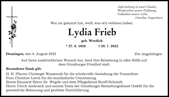 Traueranzeige von Lydia Frieb von Günzburger Zeitung