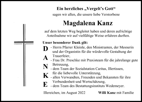 Traueranzeige von Magdalena Kanz von Illertisser Zeitung