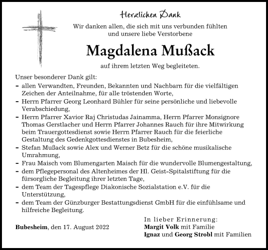 Traueranzeige von Magdalena Mußack von Mittelschwäbische Nachrichten, Günzburger Zeitung