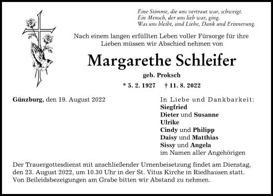 Traueranzeige von Margarethe Schleifer von Günzburger Zeitung