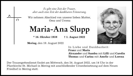 Traueranzeige von Maria-Ana Slupp von Friedberger Allgemeine