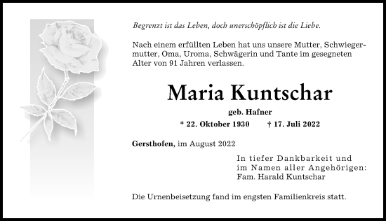 Traueranzeige von Maria Kuntschar von Augsburger Allgemeine