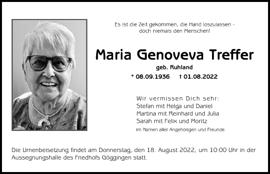 Traueranzeige von Maria Genoveva Treffer von Augsburger Allgemeine