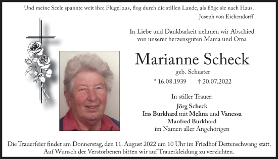 Traueranzeige von Marianne Scheck von Landsberger Tagblatt