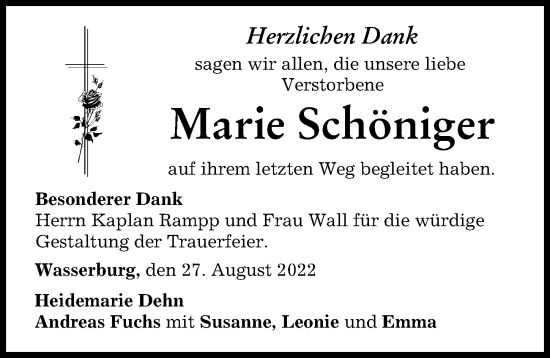 Traueranzeige von Marie Schöniger von Günzburger Zeitung