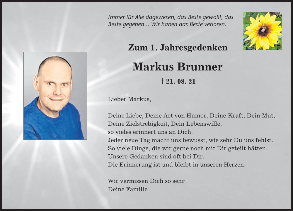  Traueranzeige für Markus Brunner vom 20.08.2022 aus Augsburger Allgemeine