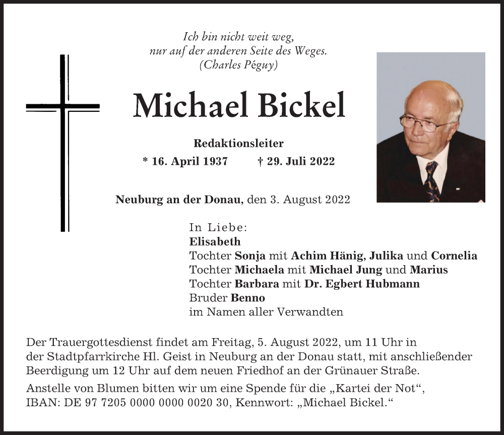  Traueranzeige für Michael Bickel vom 03.08.2022 aus Neuburger Rundschau